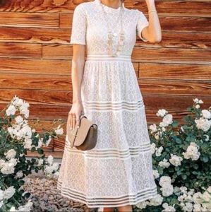 BOHME Ivory Lace Illusion Tiered Midi Dress